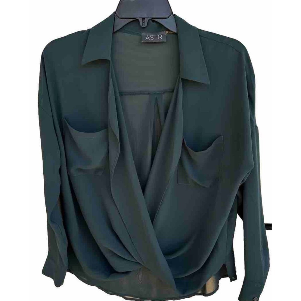 ASTR The Label Revolve Top XS‎ Green Wrap V Neck See Through Collar Workwear